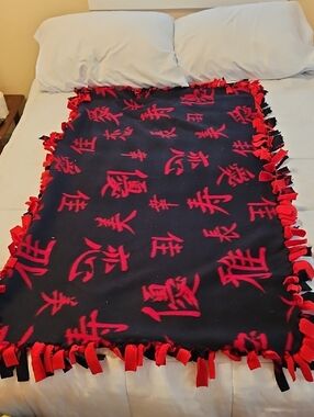 Fleece Tie-Edge Throw Blanket with Red Asian Character Motif